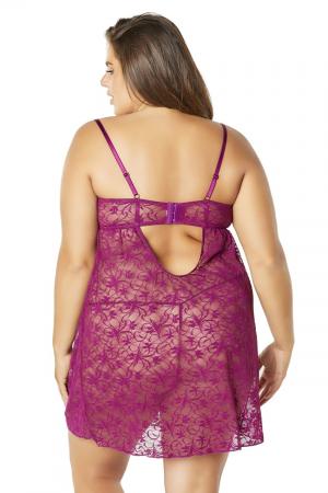 Lace Empire Babydoll With Functional Tie Shelf Cups G-String - Amaranth - 3x4x