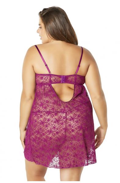 Lace Empire Babydoll With Functional Tie Shelf Cups G-String - Amaranth - 3x4x