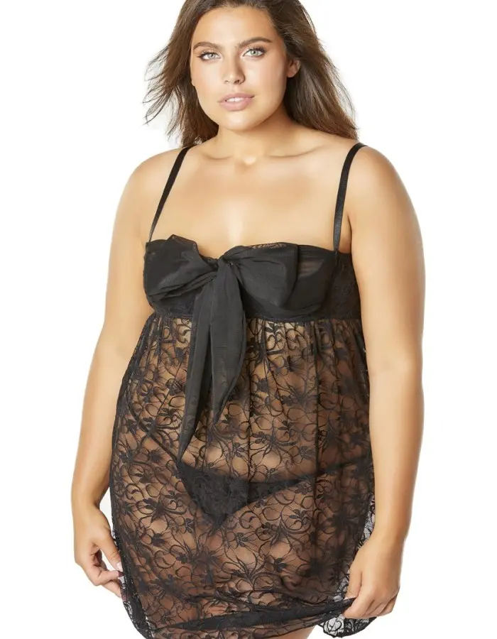 Lace Empire Babydoll With Functional Tie Shelf Cups G-String - Black - 1x/2x