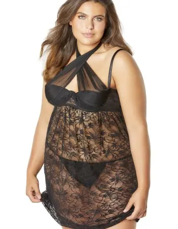 Lace Empire Babydoll With Functional Tie Shelf Cups G-String - Black - 1x/2x