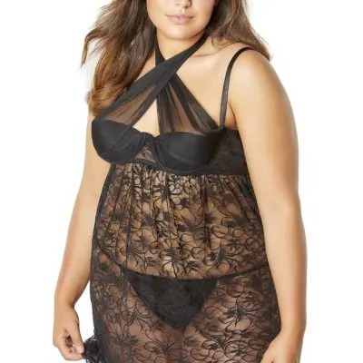 Lace Empire Babydoll With Functional Tie Shelf Cups G-String - Black - 3x/4x