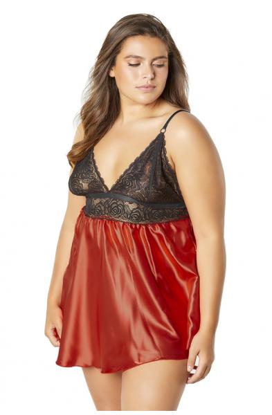 Lace Cup Satin Empire Body Babydoll With Contrast Color Piping + G-String - Black/red - 1x2x