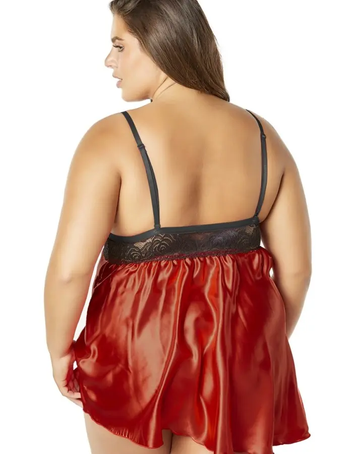 Lace Cup Satin Empire Body Babydoll With Contrast Color Piping + G-String - Black/red - 3x4x