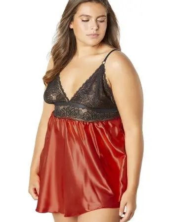 Lace Cup Satin Empire Body Babydoll With Contrast Color Piping + G-String - Black/red - 3x4x