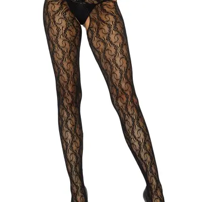 Daisy Chain Floral Lace Crotchless Wrap Around Tights - One Size - Black