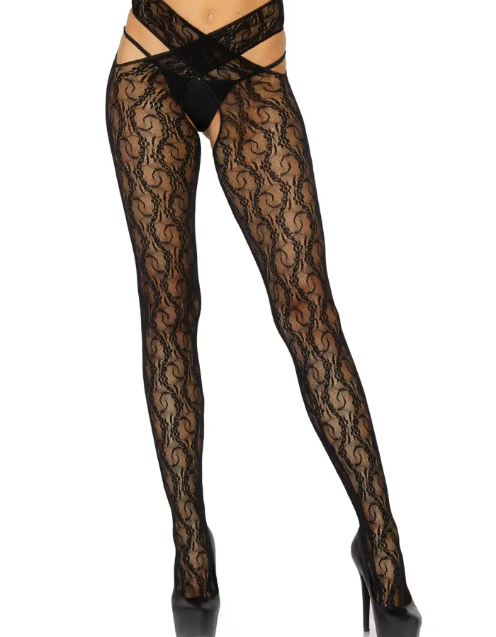 Daisy Chain Floral Lace Crotchless Wrap Around Tights - One Size - Black