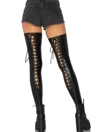 Wet Look Lace Up Thigh Hi - Black - M/l