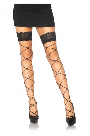 Crystalized Wide Net Lace Top Thigh Highs - One Size - Black