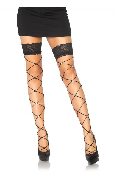 Crystalized Wide Net Lace Top Thigh Highs - One Size - Black