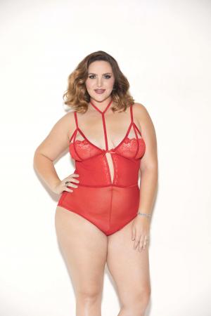 Soft Cup Mesh & Lace Teddy W/choker - Red - 1x