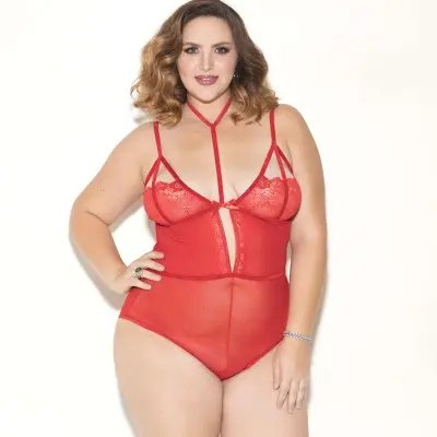 Soft Cup Mesh & Lace Teddy W/choker - Red - 2x