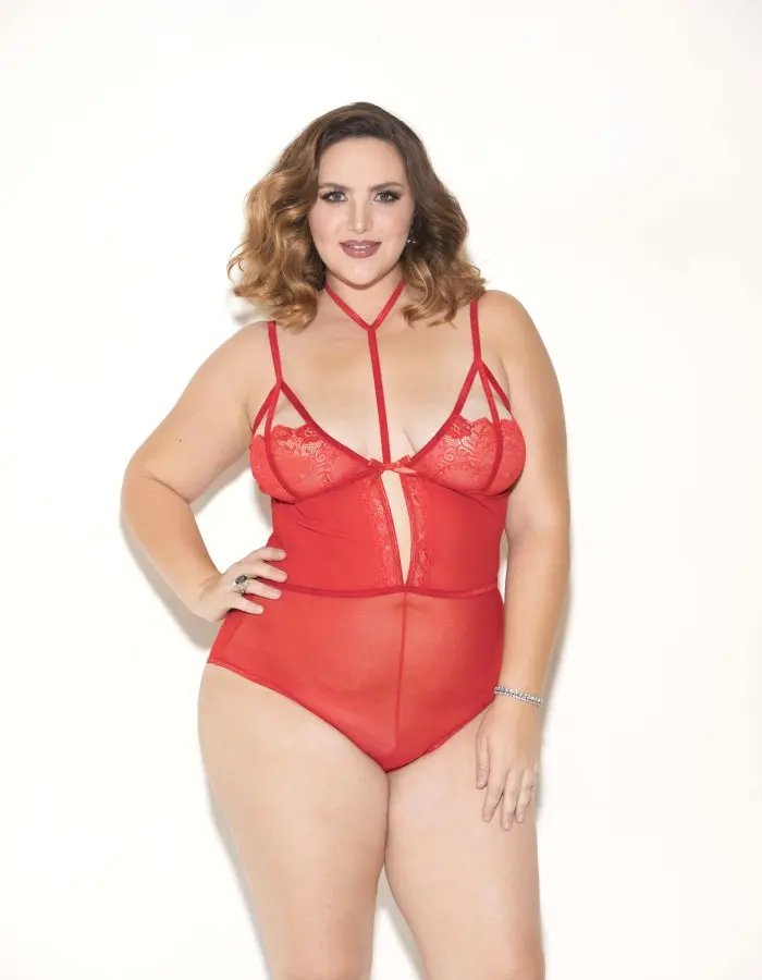 Soft Cup Mesh & Lace Teddy W/choker - Red - 2x