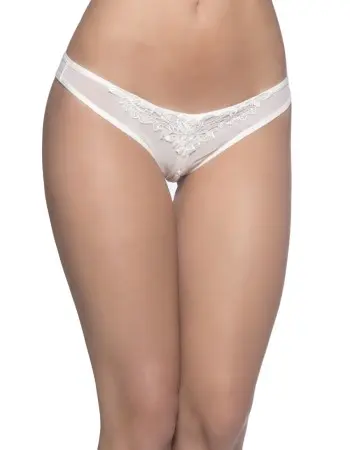 Crotchless Thong With Pearls and Venise Detail - White - One Size