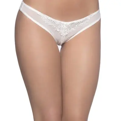 Crotchless Thong With Pearls and Venise Detail - White - One Size
