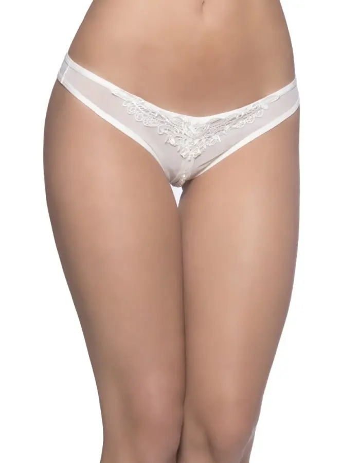 Crotchless Thong With Pearls and Venise Detail - White - One Size