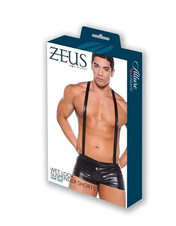 Wet Look Suspender Shorts - One Size - Black
