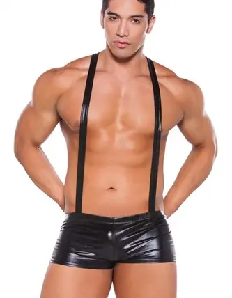 Wet Look Suspender Shorts - One Size - Black
