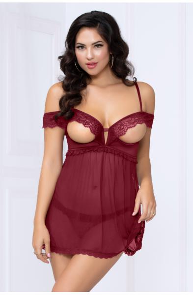 Lace and Mesh Babydoll and Thong - Wine - Medium