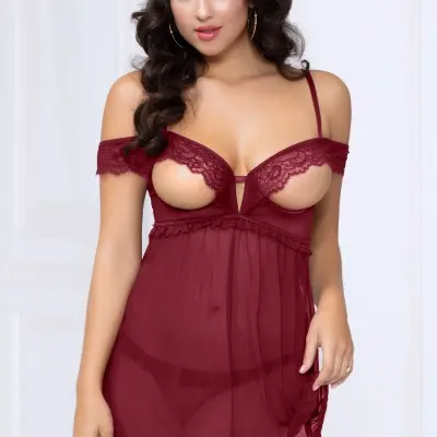 Lace and Mesh Babydoll and Thong - Wine - Small