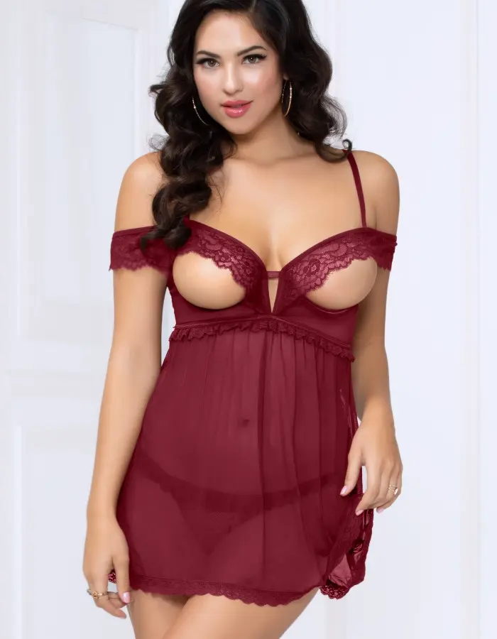 Lace and Mesh Babydoll and Thong - Wine - Small