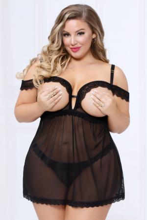 Lace and Mesh Babydoll and Thong - Black - 1x2x