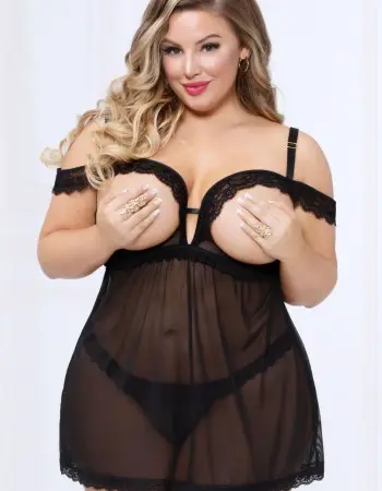 Lace and Mesh Babydoll and Thong - Black - 1x2x