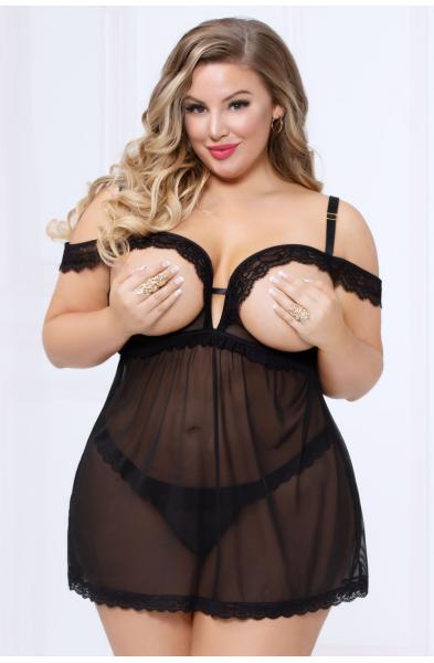 Lace and Mesh Babydoll and Thong - Black - 1x2x