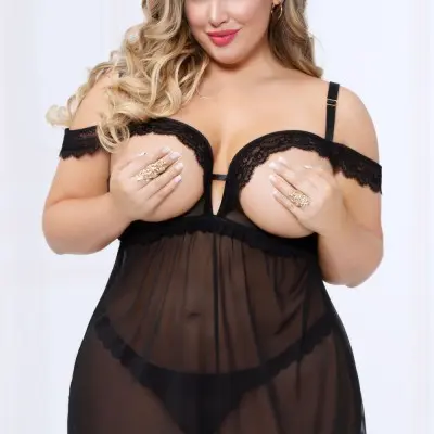 Lace and Mesh Babydoll and Thong - Black - 1x2x