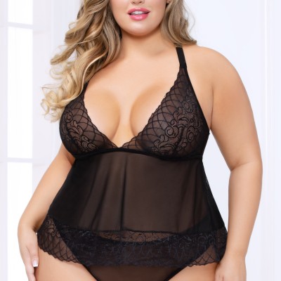 Lace and Mesh Camidoll and Panty - Black - 1x2x