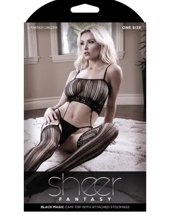 Black Magic Cami Top With Attached Stockings -  Black - O/s