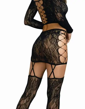 Top, Garterskirt, and Stockings - One Size - Black