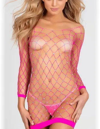 Sparkly Stretch Fishnet Long Sleeve Chemise - Hot  Pink