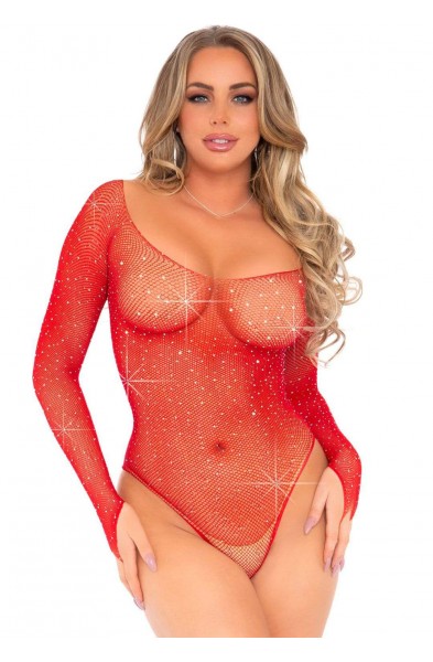 Rhinestone Snap Crotch Bodysuit - One Size - Red