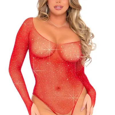 Rhinestone Snap Crotch Bodysuit - One Size - Red