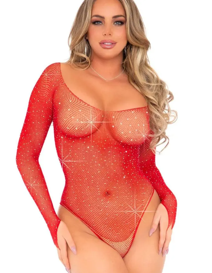 Rhinestone Snap Crotch Bodysuit - One Size - Red