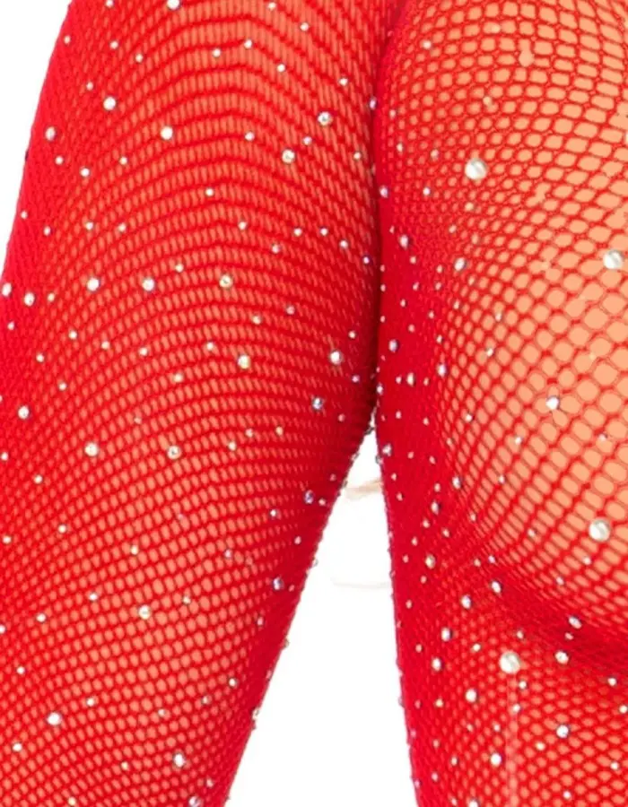 Rhinestone Snap Crotch Bodysuit - One Size - Red