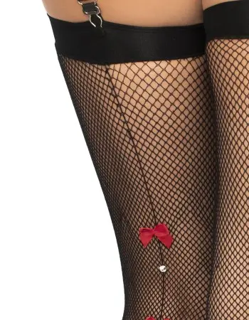 Bow Backseam Fishnet Thigh Highs - Black - One Size