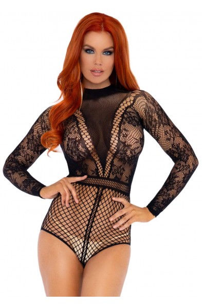 Lace and Fishnet Bodysuit - One Size - Black