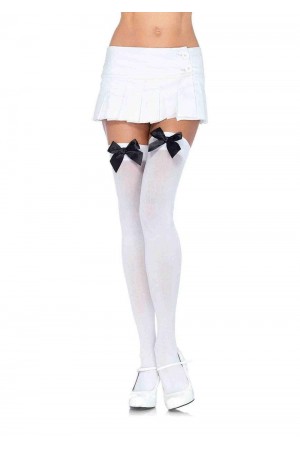 Nylon Thigh Highs With Bow - One Size - White / Black