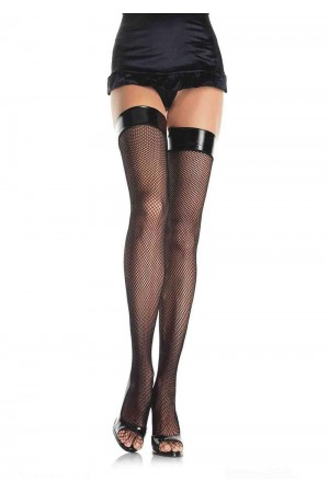 Vinyl Top Fishnet Thigh Highs - One Size - Black