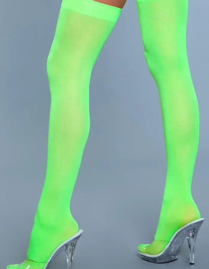 Opaque Nylon Thigh Highs - Neon Green - One Size