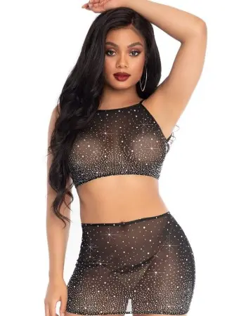 2 Pc Rhinestone Crop Top and Mini Skirt - Black - Small