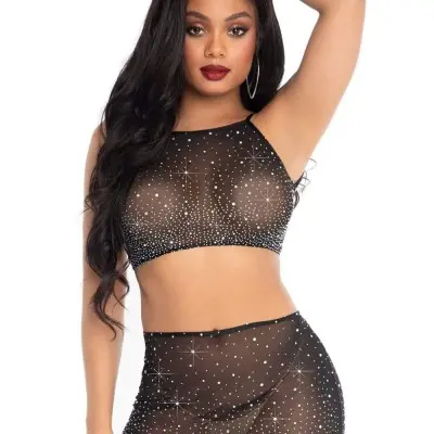 2 Pc Rhinestone Crop Top and Mini Skirt - Black - Small