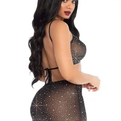 2 Pc Rhinestone Crop Top and Mini Skirt - Black - Small