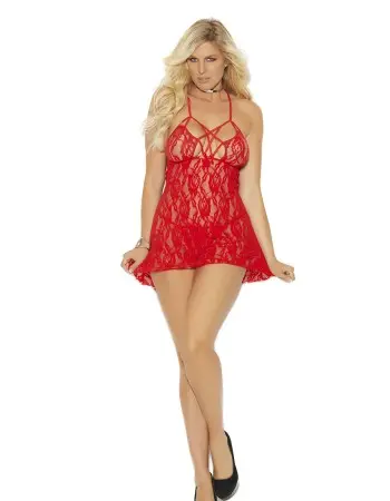 Lace Halter Neck Babydoll With Strappy Detail and Matching G-String - Queen Size - Red
