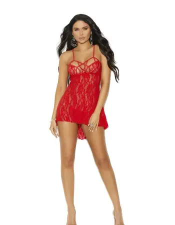 Lace Halter Neck Babydoll With Strappy Detail and Matching G-String - One Size - Red