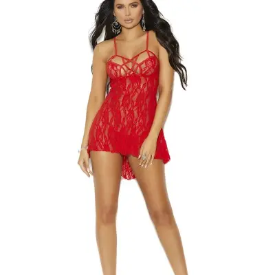 Lace Halter Neck Babydoll With Strappy Detail and Matching G-String - One Size - Red