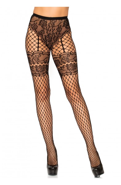 Lace French Cut Faux Garter Net Tights - One Size  Black