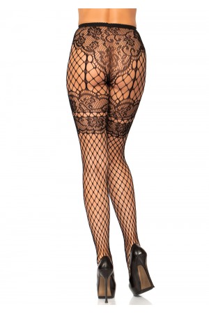 Lace French Cut Faux Garter Net Tights - One Size  Black