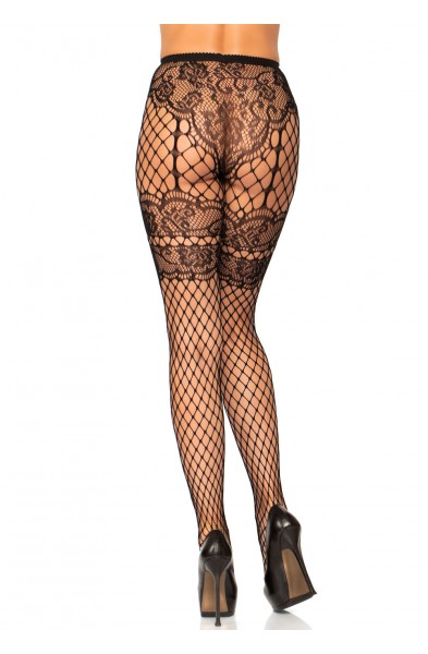 Lace French Cut Faux Garter Net Tights - One Size  Black